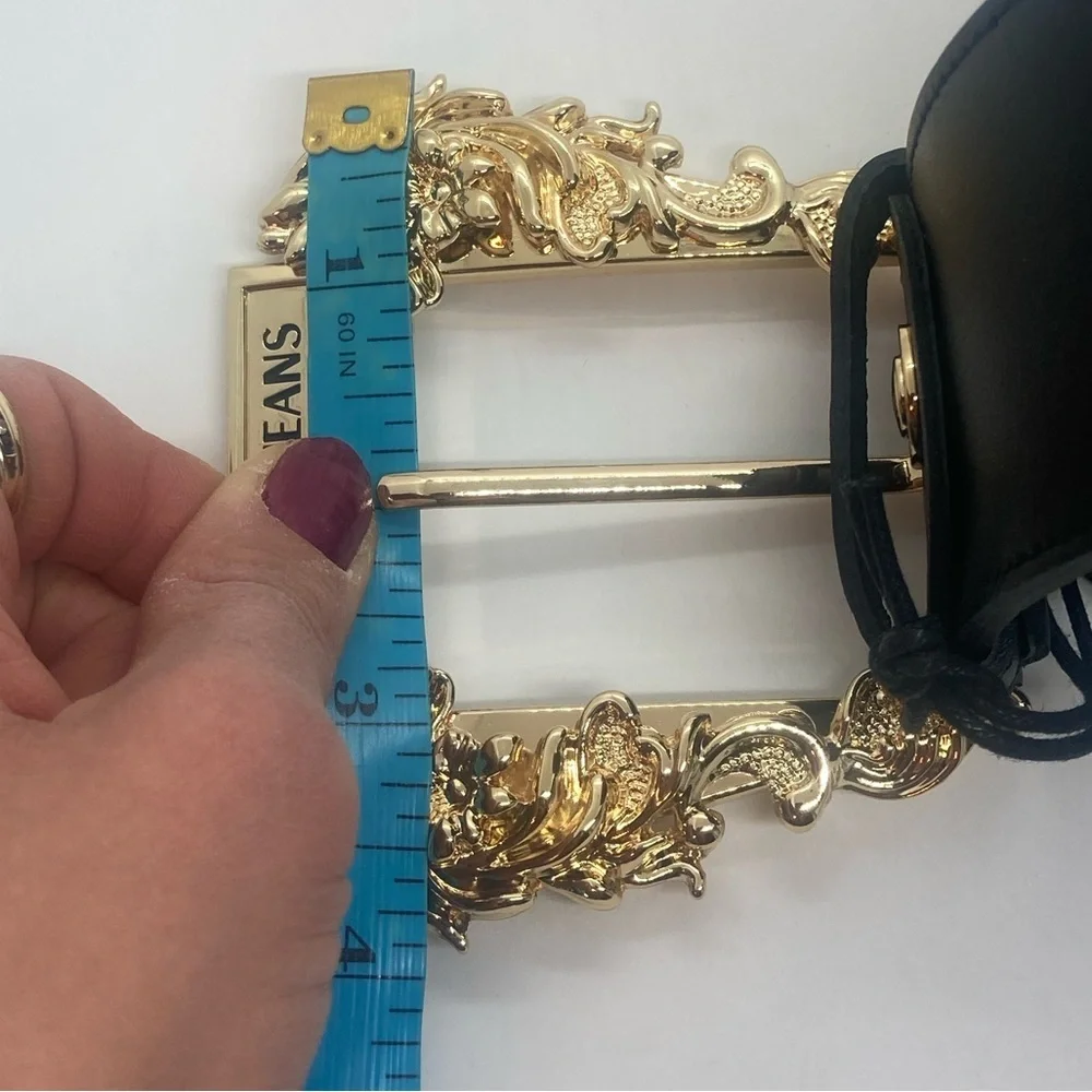 Versace Jeans Couture Gold Tone Metal & Black Leather Wide Belt | Sz 85 / 33.46” - Picture 15 of 16